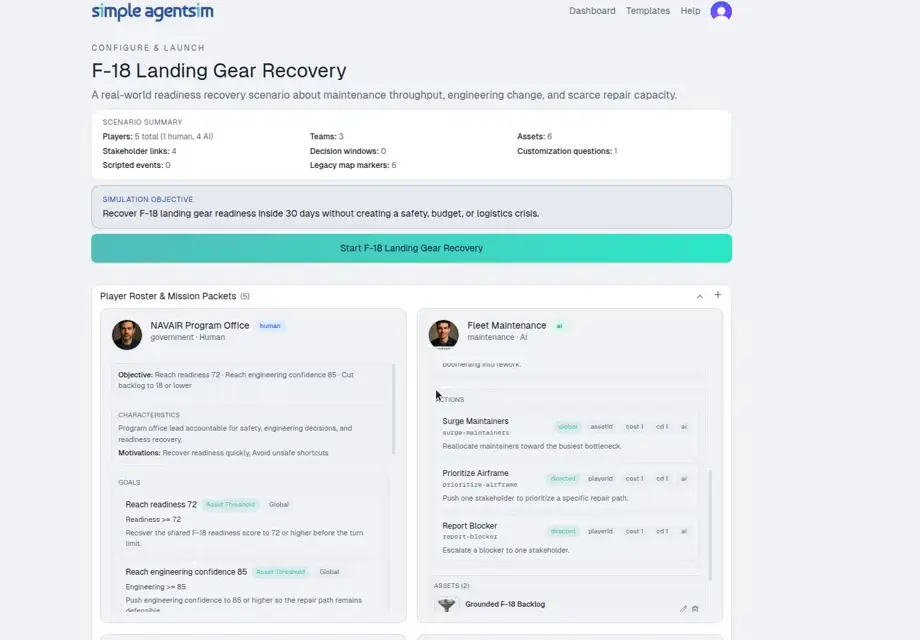 AgentSim setup page showing player objectives, actions, and assets